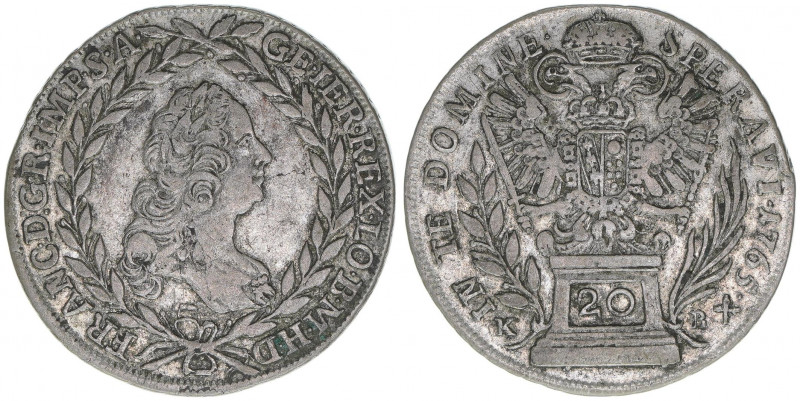 Franz I. Stephan 1745-1765
20 Kreuzer, 1765 KB. Kremnitz
6,57g
Herinek 327
ss