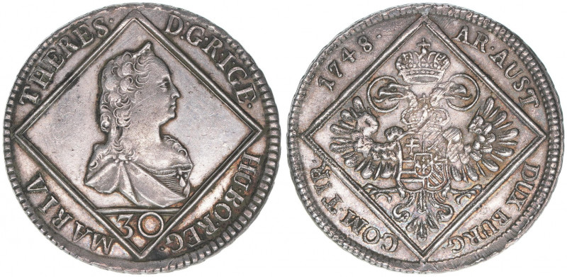 Maria Theresia 1740-1780
30 Kreuzer, 1748. Hall
7,01g
MT998
ss/vz