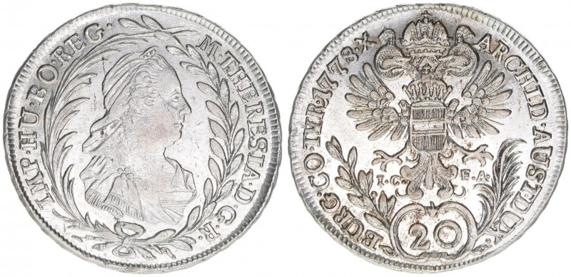 Maria Theresia 1740-1780
20 Kreuzer, 1778 IC-FA. Wien
6,63g
ANK 102
stfr-