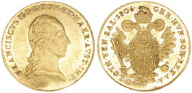 Franz (II.) I. 1792-1835
Dukat, 1806 D. selten
Salzburg
3,48g
Zöttl 3436
vz+