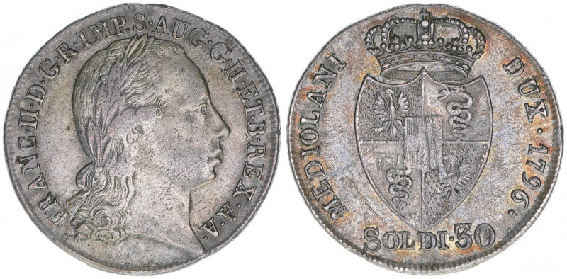 Kaiser Franz (II.) I. 1792-1835
30 Soldi, 1796. Mailand
7,15g
Herinek 616
ss/vz