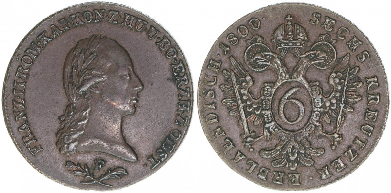 Franz II. (I.) 1792-1835
6 Kreuzer, 1800 F. Hall
13,20g
MT1388
vz