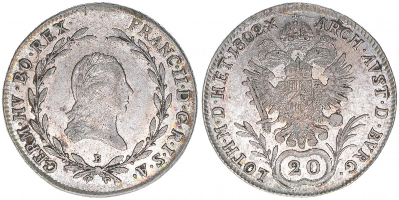 Franz II. (I.) 1792-1835
20 Kreuzer, 1802 B. Kremnitz
6,69g
Herinek 638
ss+