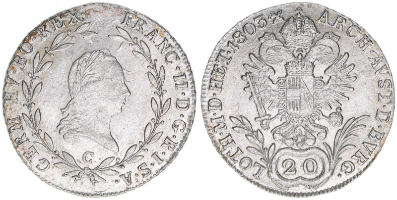 Franz II. (I.) 1792-1835
20 Kreuzer, 1803 C. Prag
6,59g
ANK 40
vz+