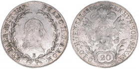 Franz II. (I.) 1792-1835
20 Kreuzer, 1805 B. Kremnitz
6,00g
ANK 41
ss+