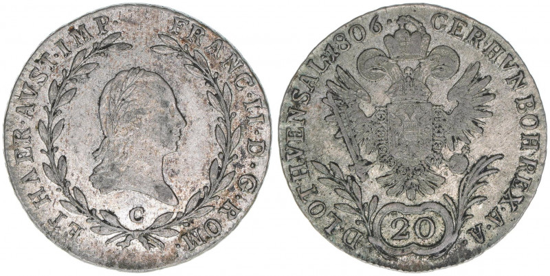 Franz II. (I.) 1792-1835
20 Kreuzer, 1806 C. Prag
6,70g
Herinek 685
ss+