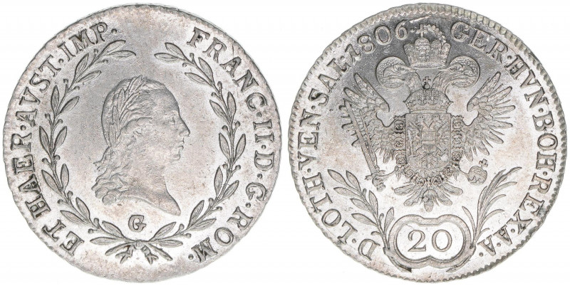 Franz II. (I.) 1792-1835
20 Kreuzer, 1806 G. Nagybanya
6,66g
ANK 41
stfr