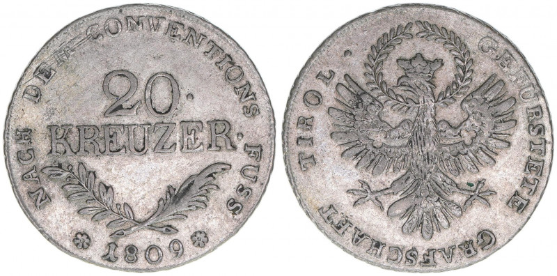 Andreas Hofer 1809 Tirol
20 Kreuzer, 1809. Kleeblatt im Adler des Revers vertief...