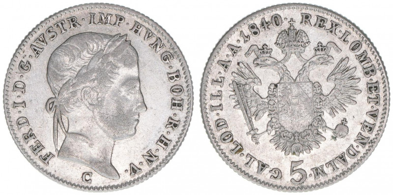 Ferdinand I.1835-1848
5 Kreuzer, 1840 C. Prag
2,23g
ANK 4
ss/vz
