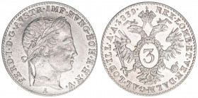 Ferdinand I.1835-1848
3 Kreuzer, 1839 A. Wien
1,71g
ANK 2
stfr