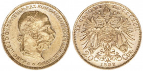 Franz Joseph I. 1848-1916
20 Kronen, 1892. Wien
6,77g
ANK 24
stfr-