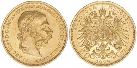 Franz Joseph I. 1848-1916
20 Kronen, 1894. Wien
6,77g
ANK 24
vz/stfr