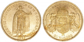 Franz Joseph I. 1848-1916
20 Korona, 1897 KB. Kremnitz
6,77g
ANK 39
vz/stfr