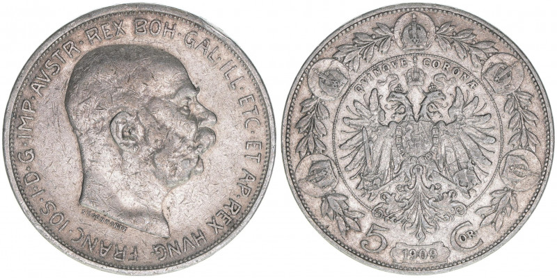 Franz Joseph I. 1848-1916
5 Kronen, 1909. mit Medailleurnamen ST.SCHWARTZ unter ...