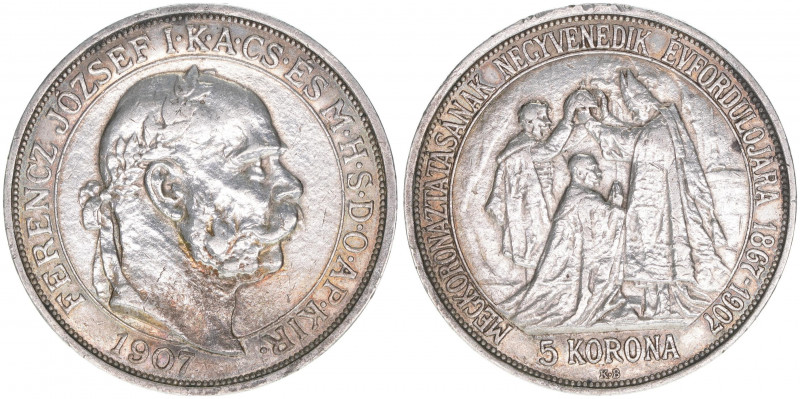 Franz Joseph I. 1848-1916
5 Korona, 1907 KB. Krönungsjubiläum
Kremnitz
23,89g
AN...