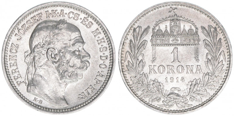 Franz Joseph I. 1848-1916
1 Korona, 1914 KB. Kremnitz
5,00g
ANK 105
vz/stfr