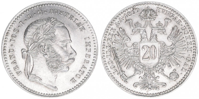 Franz Joseph I. 1848-1916
20 Kreuzer, 1869. Wien
2,68g
J.340
stfr