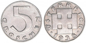 5 Groschen, 1938
Kupfer-Nickel. Wien
3,00g
ANK 7
vz
