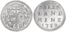 Sigismund III. Graf Schrattenbach 1753-1771
Erzbistum Salzburg. Landbatzen, 1753. letzte Prägung dieses Typs - selten
Salzburg
2,10g
Zöttl 3077, Probs...