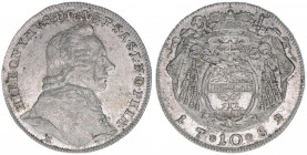 Hieronymus Graf Colloredo 1772-1803
Erzbistum Salzburg. 10 Kreuzer, 1782. Salzburg
3,88g
Zöttl 3307, Probszt 2512
vz