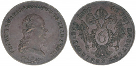Franz I. 1792-1835
Erzbistum Salzburg. 6 Kreuzer, 1800 D. selten
Salzburg
14,40g
Zöttl 3444, Probszt 2635
vz-