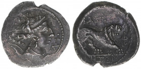 Drachme, 150-130 BC
Gallien Massalia. Av: Φ/K/A, bust of Artemis, Rv. MAΣΣA//ΛIHTΩ[N]/ Φ/K, lion advancing right.. 2,48g
LT.- - BN.1031 - Br/M.46 /1, ...