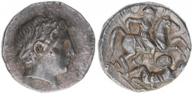 Paionien Patraos 335-315 BC
Griechen. AR Tetradrachme. Kopf des Apollon - paionischer Reiter ersticht Feind (Triballer?) mit Rundschild
12,63g
vz
