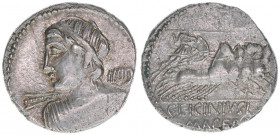 C.Licinius L.F. Macer
Römisches Reich - Republik. Denar, 84 BC. Av. Apollobüste nach links Rv. Minerva in Quadriga
3,86g
Sear 274
ss+