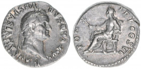 Vespasianus 69-79
Römisches Reich - Kaiserzeit. Denar. PON MAX TR P COS VI
Rom
3,39g
Kampmann 20.57
ss/vz
