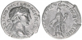 Traianus 98-117
Römisches Reich - Kaiserzeit. Denar. COS V P P SPQR OPTIMO PRINC
Rom
3,13g
Kampmann 27.32
ss