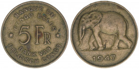 1908-1960
Belgisch-Kongo. 5 Francs, 1947. Messing
7,76g
Schön 28
ss