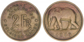 1908-1960
Belgisch-Kongo. 2 Francs, 1946. Messing
4,84g
Schön 27
ss
