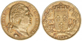 Ludwig XVIII 1815-1824
Frankreich. 20 Francs, 1824 W. Gold
6,44g
KM 712.9
ss+