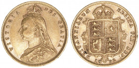 Victoria 1887-1893
Großbritannien. 1/2 Sovereign, 1892. Gold
3,96g
KM 766
vz