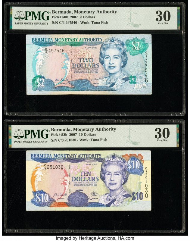 Bermuda Monetary Authority 2; 10 Dollars 7.5.2007 Pick 50b; 52b Two Examples PMG...