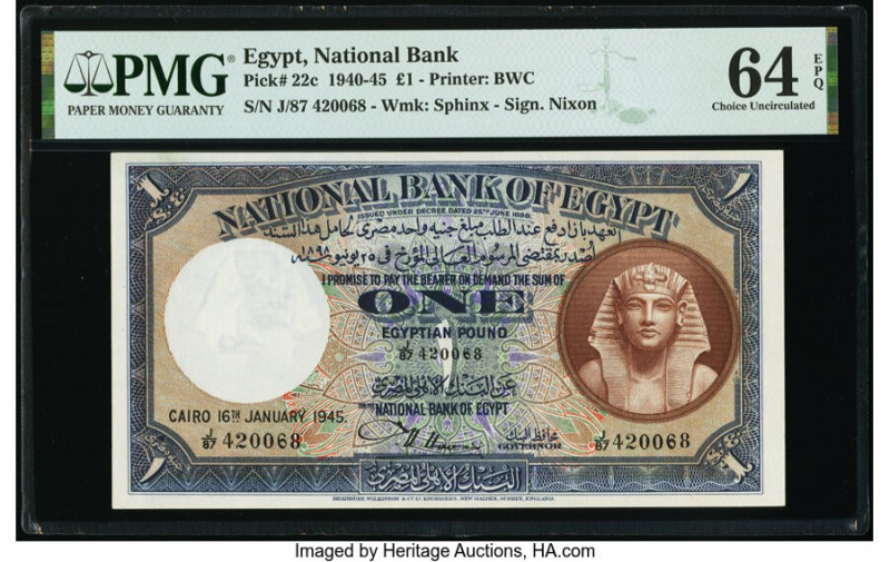 Egypt National Bank of Egypt 1 Pound 16.1.1945 Pick 22c PMG Choice Uncirculated ...