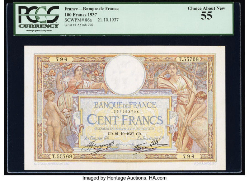 France Banque de France 100 Francs 21.10.1937 Pick 86a PCGS Choice About New 55....