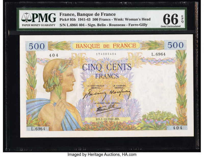 France Banque de France 500 Francs 1.10.1942 Pick 95b PMG Gem Uncirculated 66 EP...