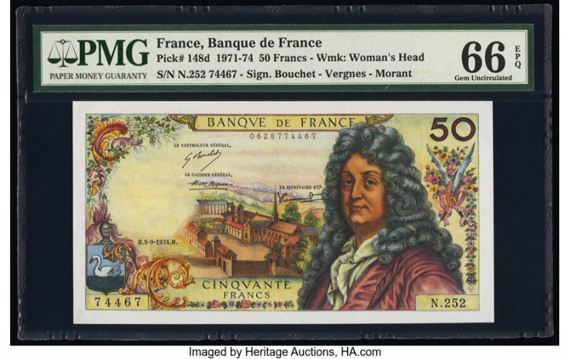 France Banque de France 50 Francs 5.9.1974 Pick 148d PMG Gem Uncirculated 66 EPQ...