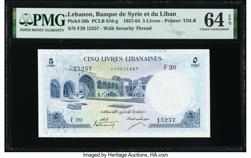 Lebanon Banque de Syrie et du Liban 5 Livres 1952-64 Pick 56b PMG Choice Uncircu...