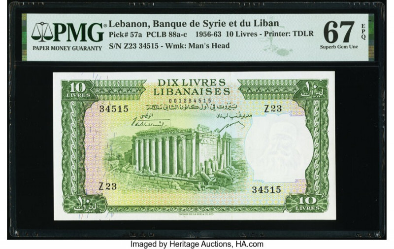 Lebanon Banque de Syrie et du Liban 10 Livres 1956-63 Pick 57a PMG Superb Gem Un...