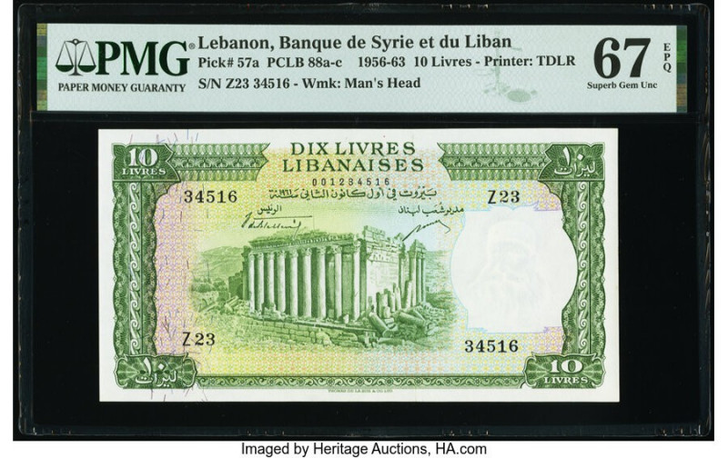 Lebanon Banque de Syrie et du Liban 10 Livres 1956-63 Pick 57a PMG Superb Gem Un...