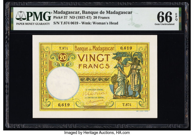 Madagascar Banque de Madagascar 20 Francs ND (1937-47) Pick 37 PMG Gem Uncircula...