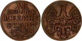 German States Aachen 12 Heller 1791 
KM# 51, N# 3957; UNC, worn die.