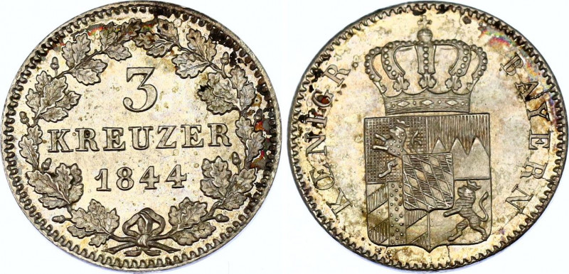 German States Bavaria 3 Kreuzer 1844 
KM# 800, N# 22604; Silver; Ludwig I; UNC ...