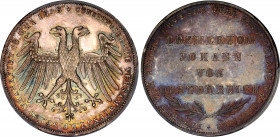 German States Frankfurt 2 Gulden 1848 PCGS AU55
KM# 338; Dav. 644; J. 46; N# 23436; Archduke Johann of Austria Elected as Vicar; Mintage 36'000; AUNC...