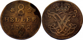 German States Hesse-Cassel 8 Heller 1772
KM# 501; Schutz# 1915; Copper; Friedrich II; VF.