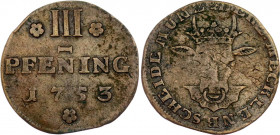German States Mecklenburg-Schwerin 3 Pfening 1753
KM# 171, N# 48681; Christian Louis II; VF.