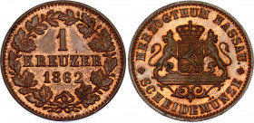German States Nassau 1 Kreuzer 1862 
KM# 74, N# 23080; Adolphe; UNC with mint luster.