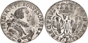 German States Prussia 6 Groscher 1755 E
KM# A277; Schön# 25; Olding# 206; N# 121699; Silver; Friedrich II; Mint: Konigsberg; VF-XF.